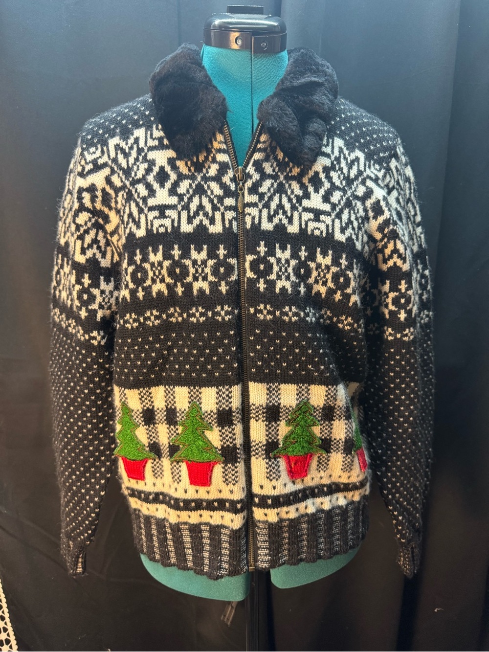 Black & White Fair Isle Zip Sweater Jacket with Green Tree Embroidery